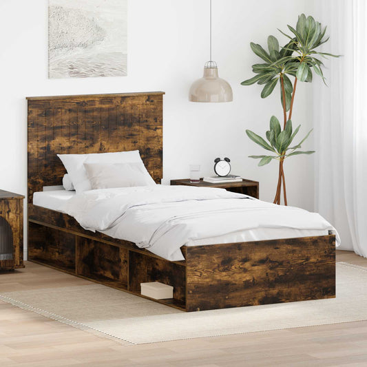 vidaXL Bed Frame with Headboard Smoked Oak 90 x 200 cm Solid Pine Wood