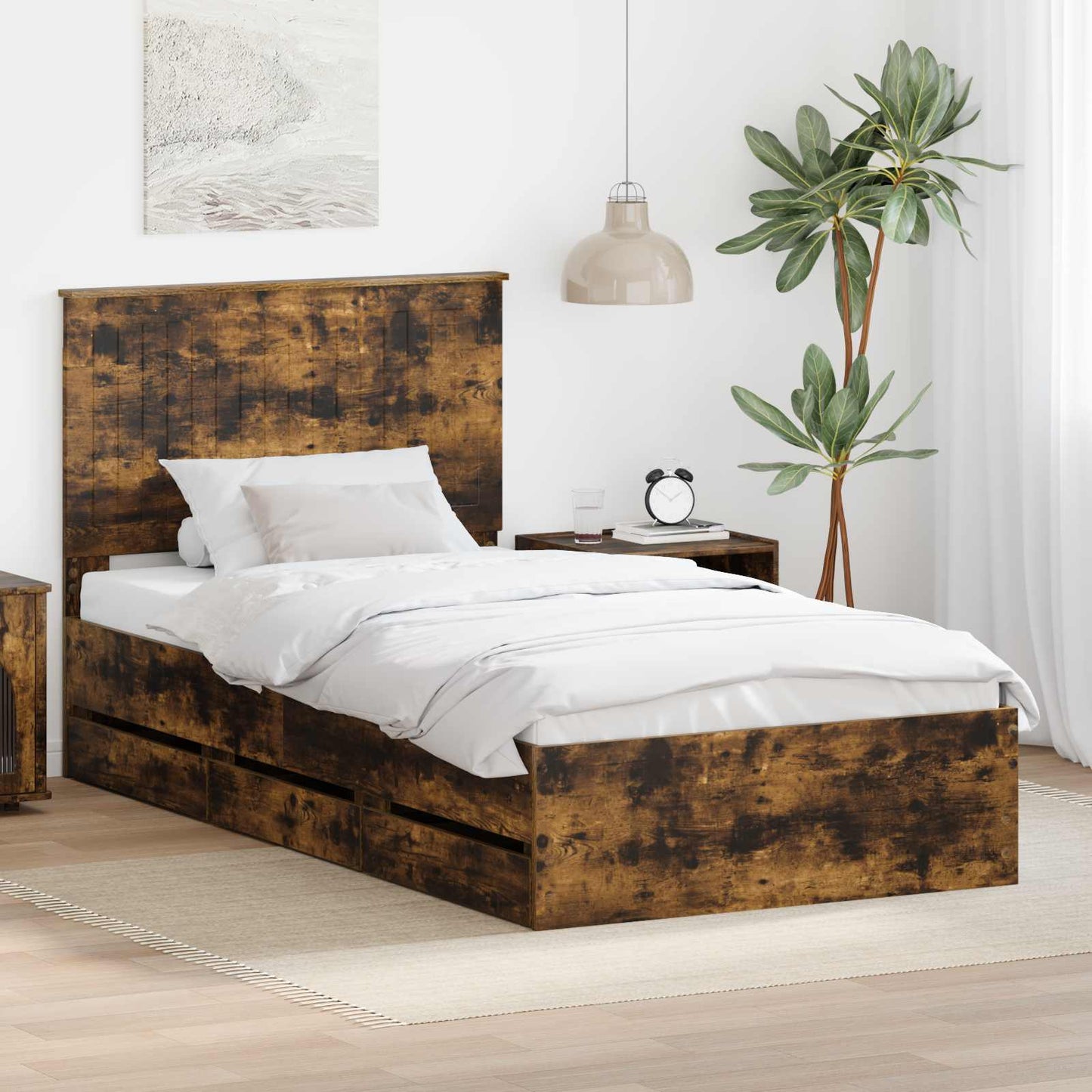 vidaXL Bed Frame with Drawer Smoked Oak 100 x 200 cm Engineer Wood