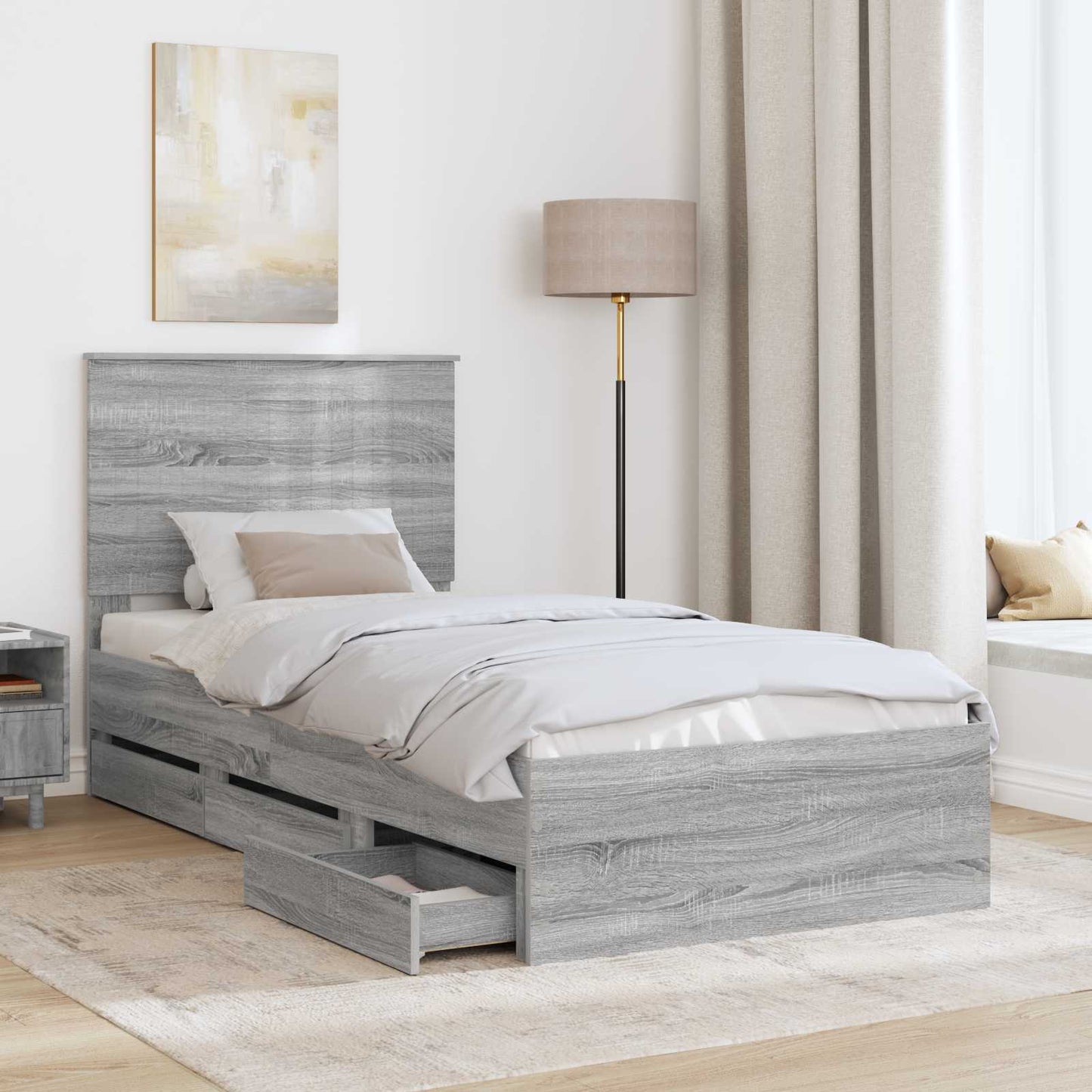 vidaXL Bed Frame with Drawer Grey Sonoma 90 x 190 cm Engineer Wood