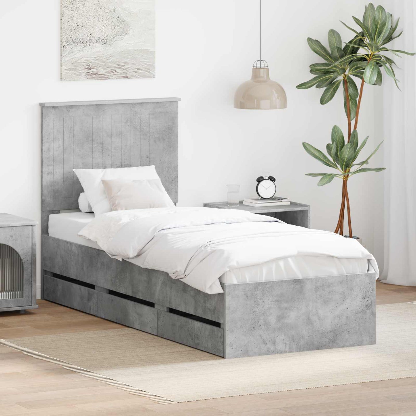 vidaXL Bed Frame with Drawer Concrete Grey 75 x 190 cm Engineer Wood