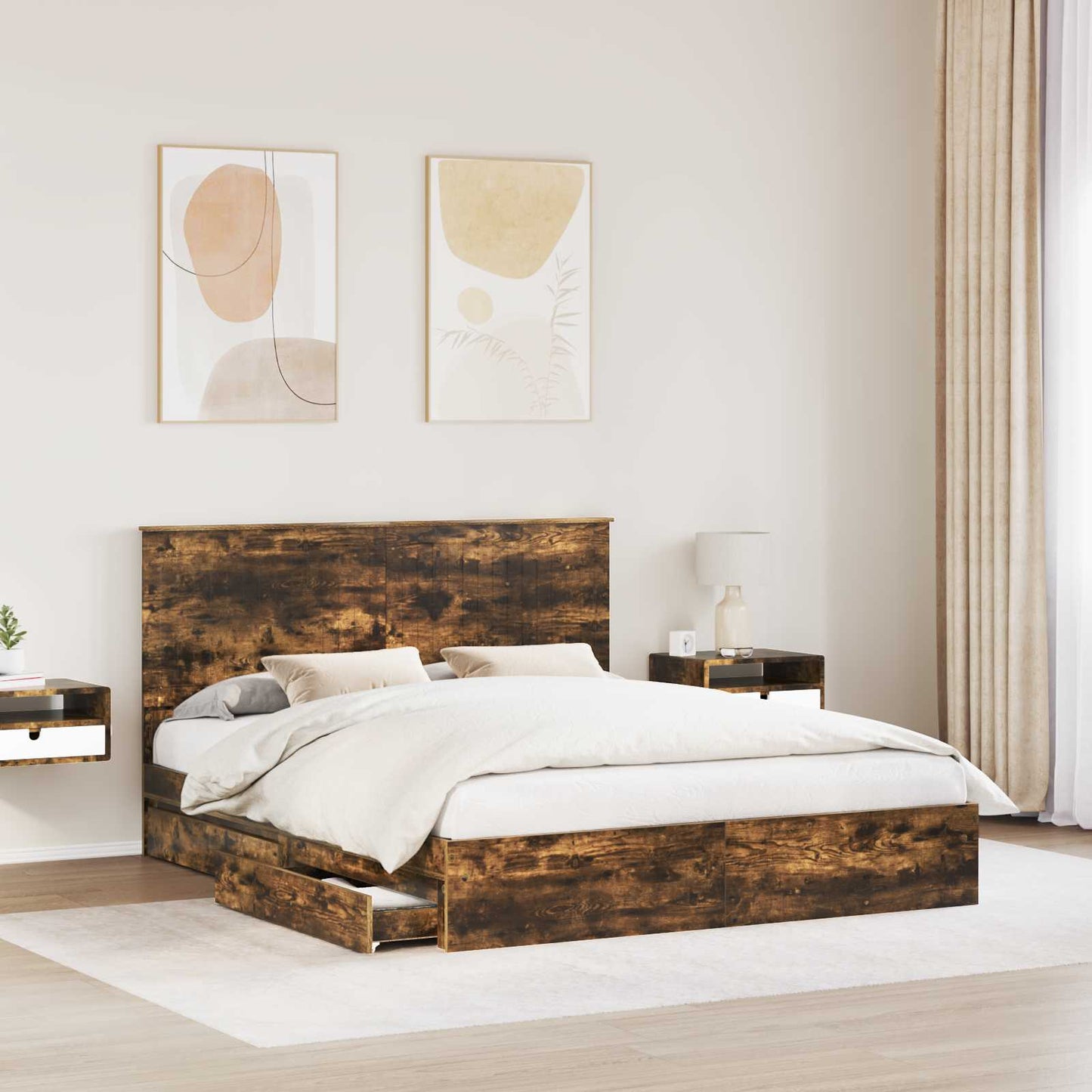 vidaXL Storage Bed with Drawer Smoked Oak 160 x 200 cm Engineered Wood