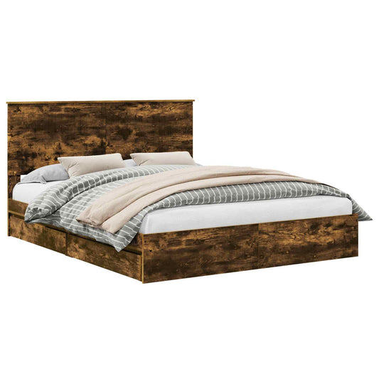 vidaXL Storage Bed with Drawer Smoked Oak 160 x 200 cm Engineered Wood