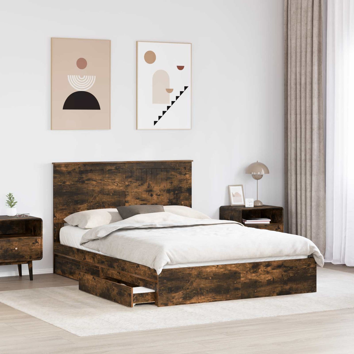 vidaXL Storage Bed with Drawer Smoked Oak 135 x 190 cm Engineered Wood