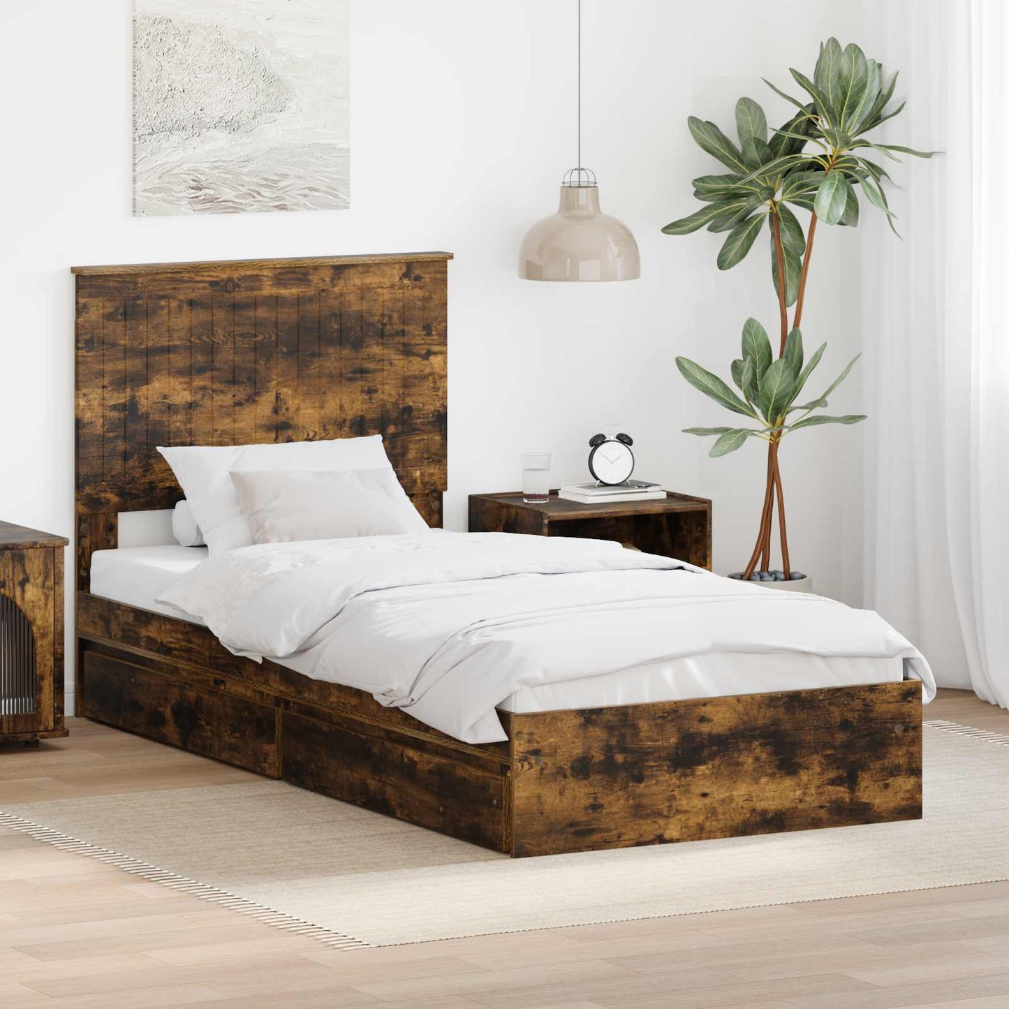 vidaXL Storage Bed with Drawer Smoked Oak 90 x 200 cm Engineered Wood