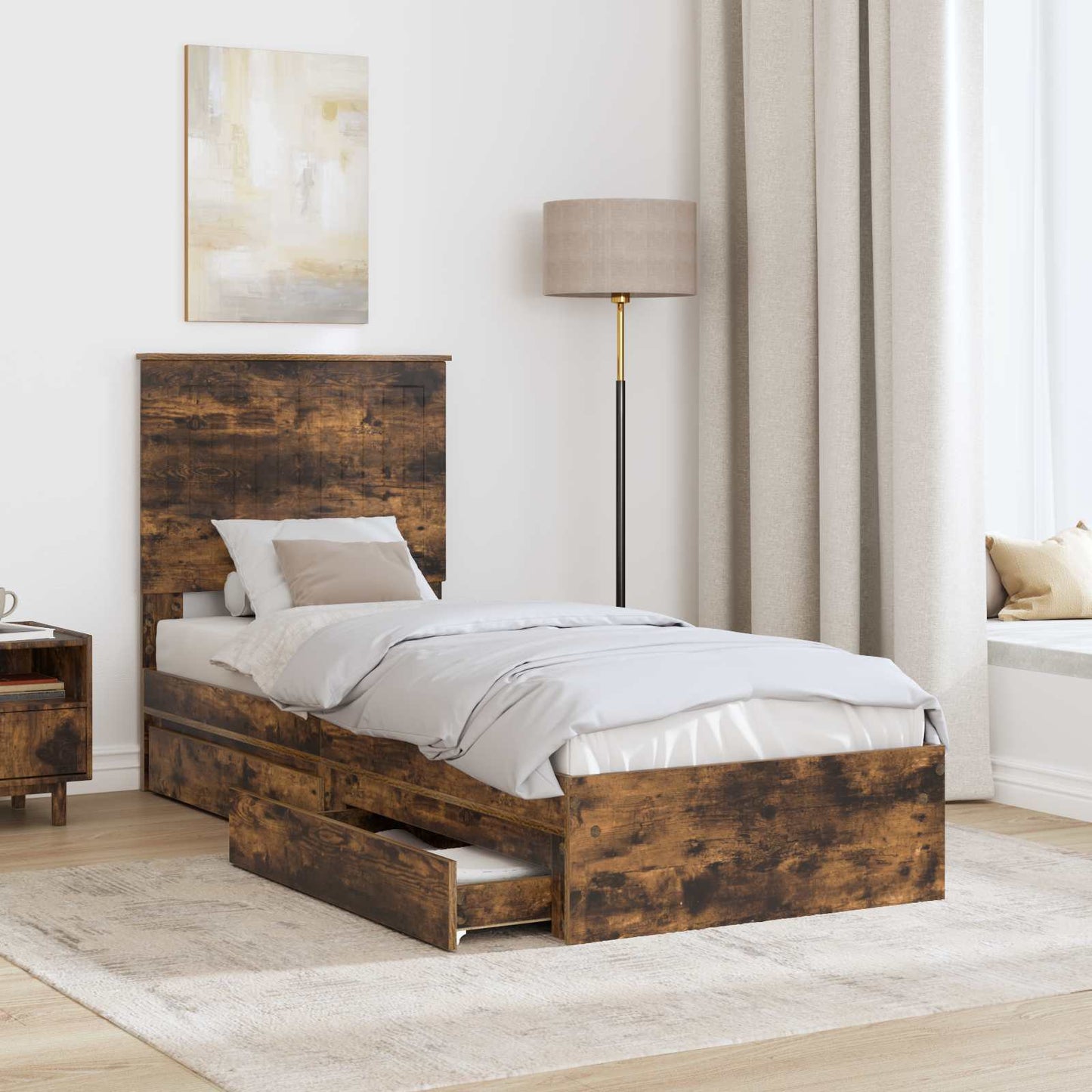 vidaXL Storage Bed with Drawer Smoked Oak 75 x 190 cm Engineered Wood
