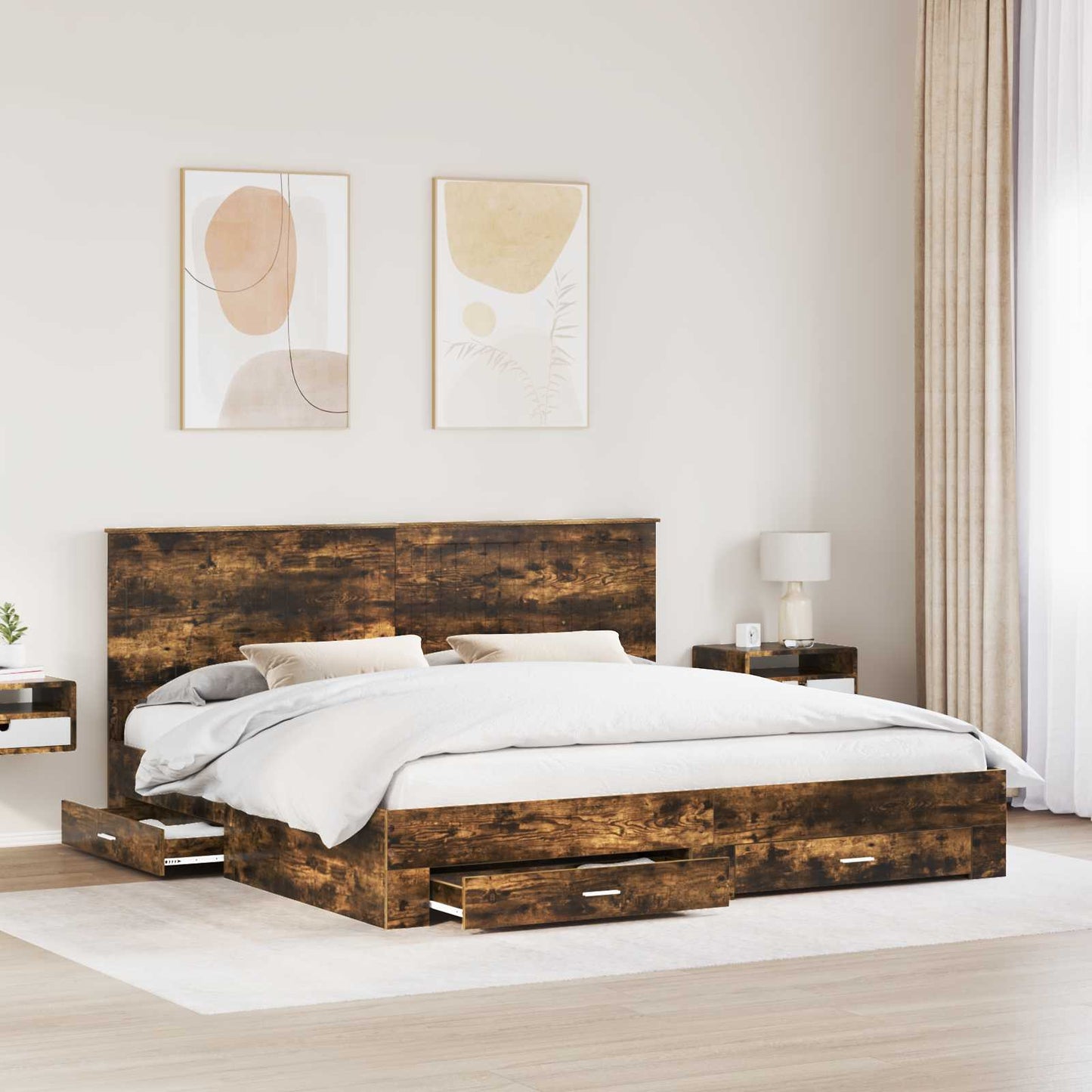 vidaXL Bed Frame with Drawer Smoked Oak 200 x 200 cm Engineered Wood