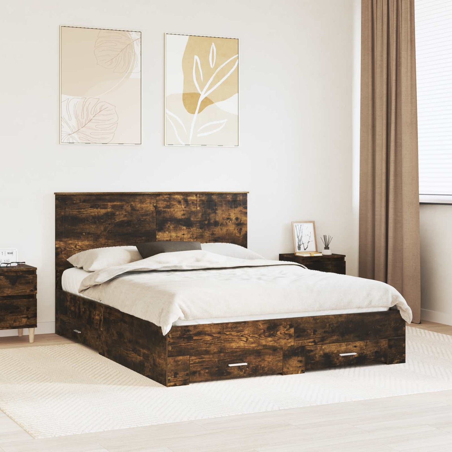 vidaXL Bed Frame with Drawer Smoked Oak 150 x 200 cm Engineered Wood