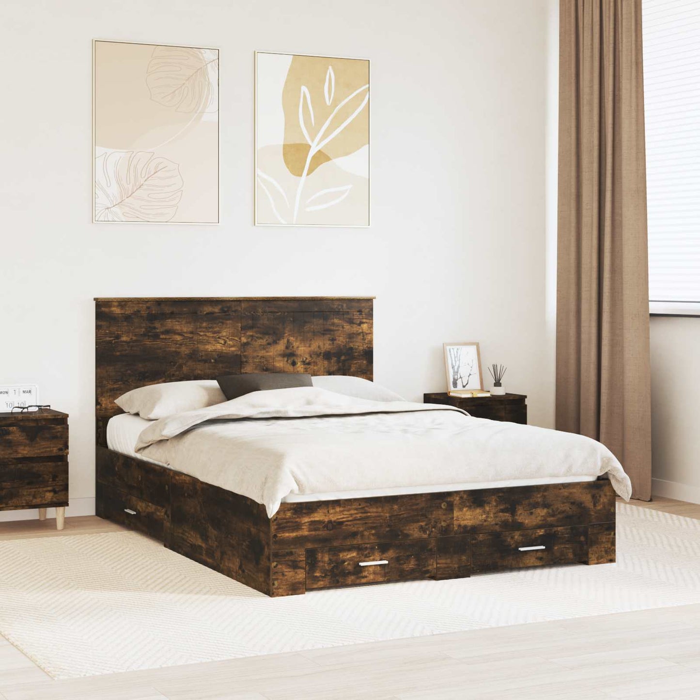 vidaXL Bed Frame with Drawer Smoked Oak 135 x 190 cm Engineered Wood