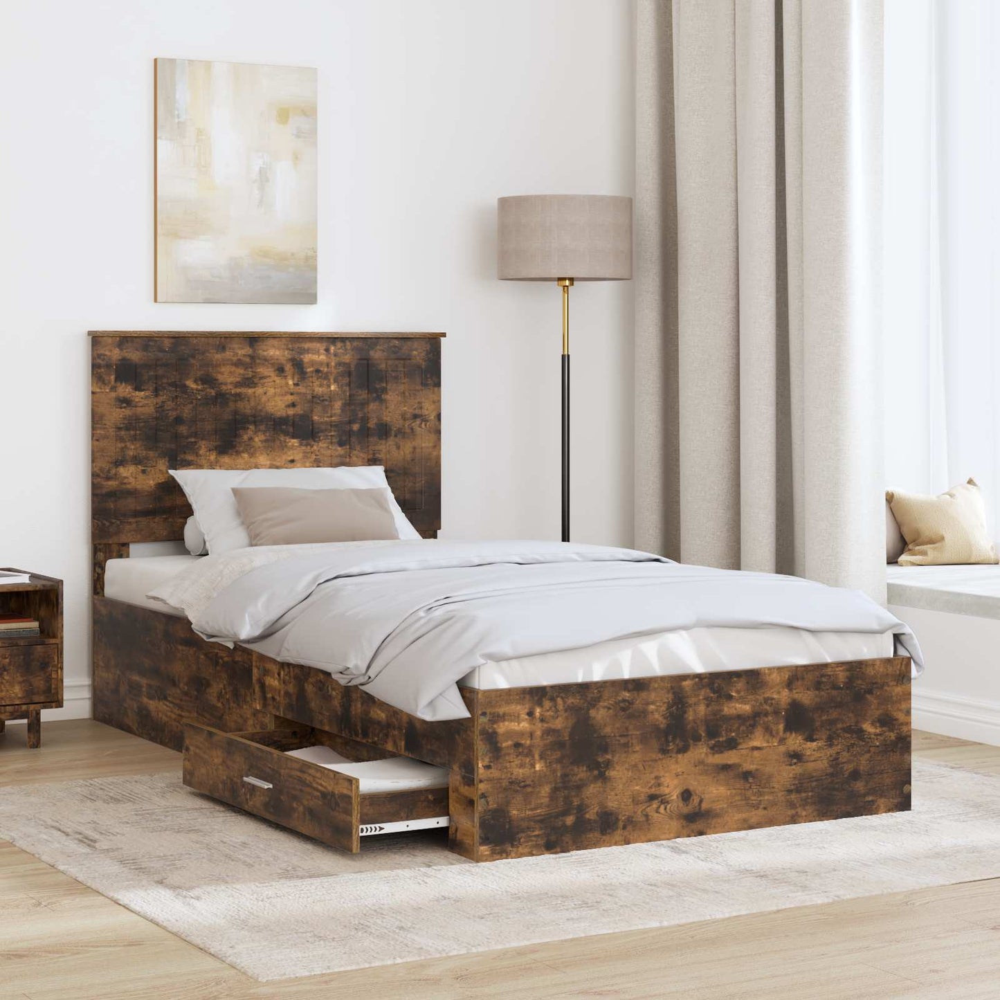 vidaXL Bed Frame with Drawer Smoked Oak 100 x 200 cm Engineered Wood