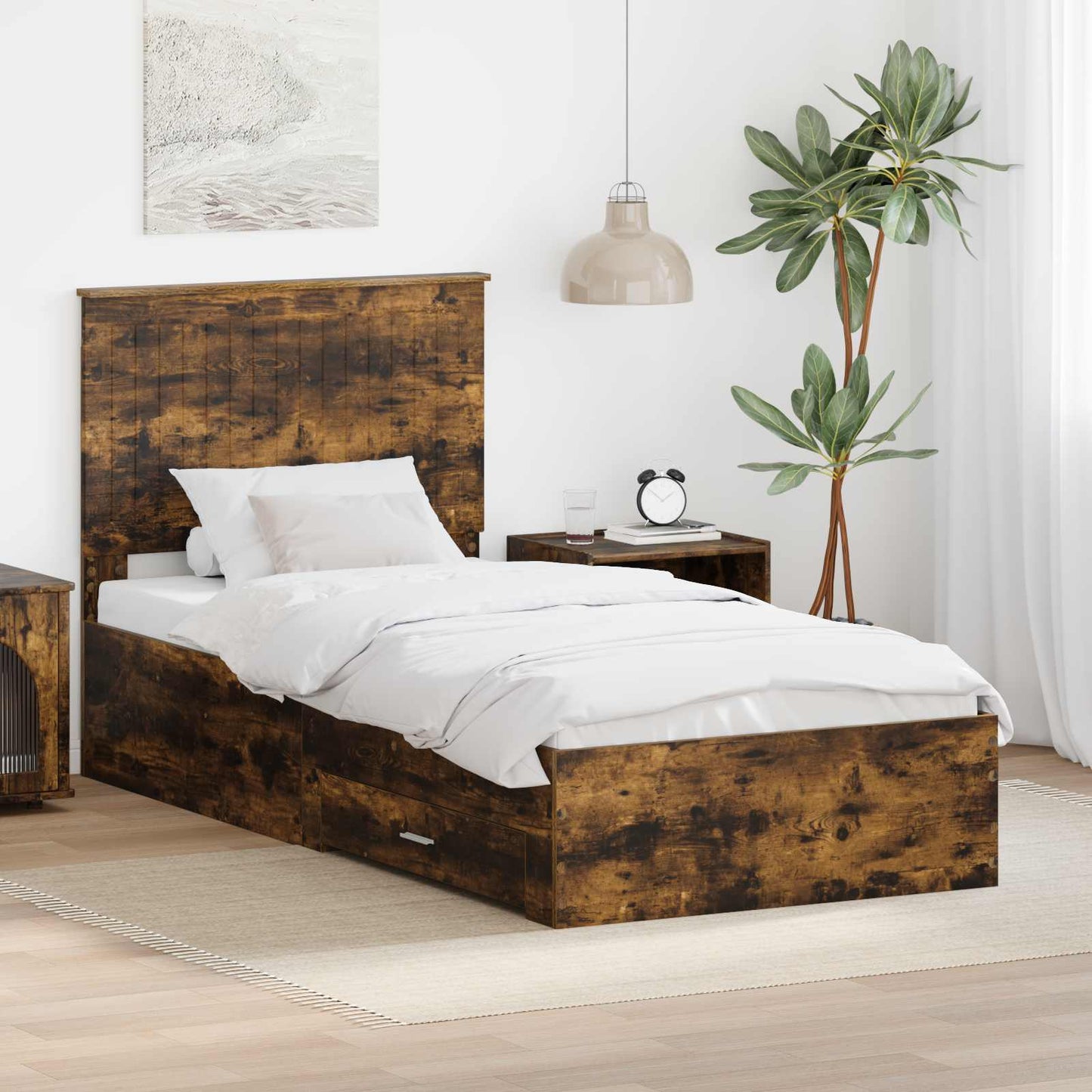 vidaXL Bed Frame with Headboard Smoked Oak 90 x 200 cm Engineered Wood