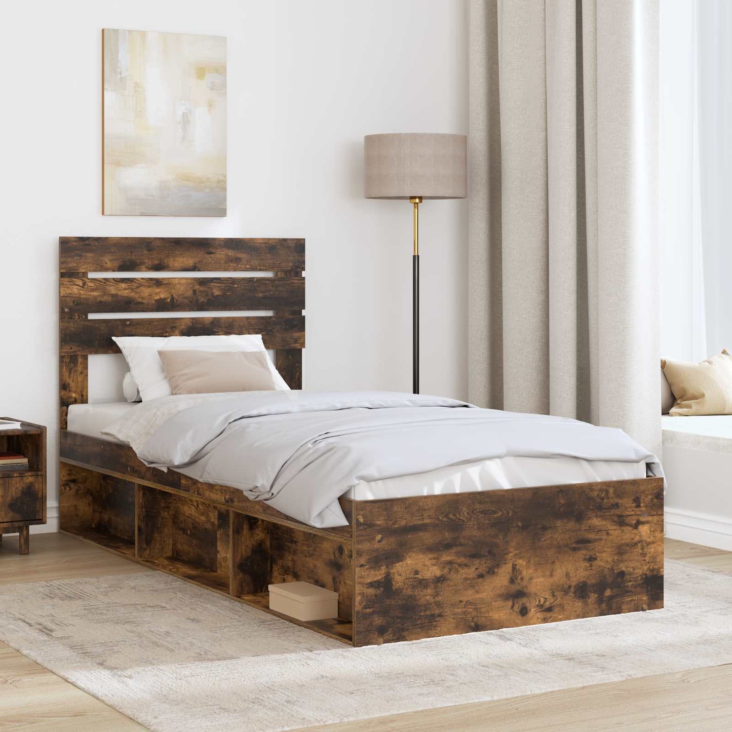 vidaXL Bed Frame with Headboard Smoked Oak 90 x 190 cm Solid Pine Wood
