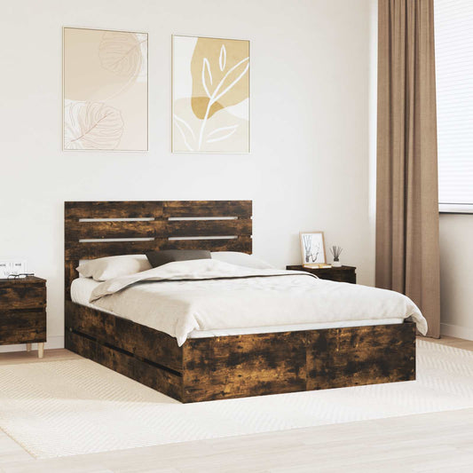 vidaXL Bed Frame with Drawer Smoked Oak 140 x 190 cm Engineer Wood