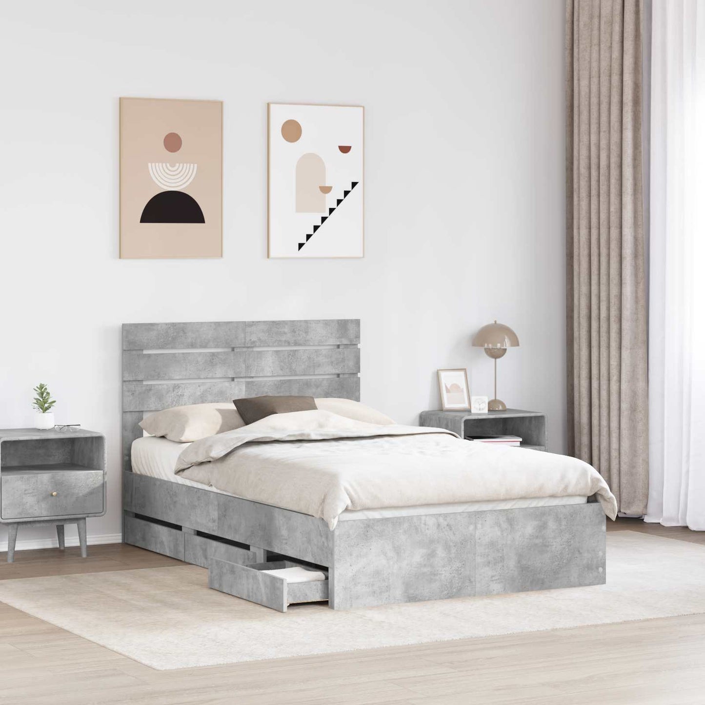 vidaXL Bed Frame with Drawer Concrete Grey 135 x 190 cm Engineer Wood