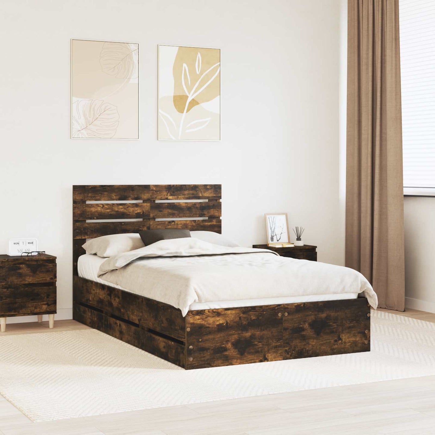 vidaXL Bed Frame with Drawer Smoked Oak 120 x 190 cm Engineer Wood