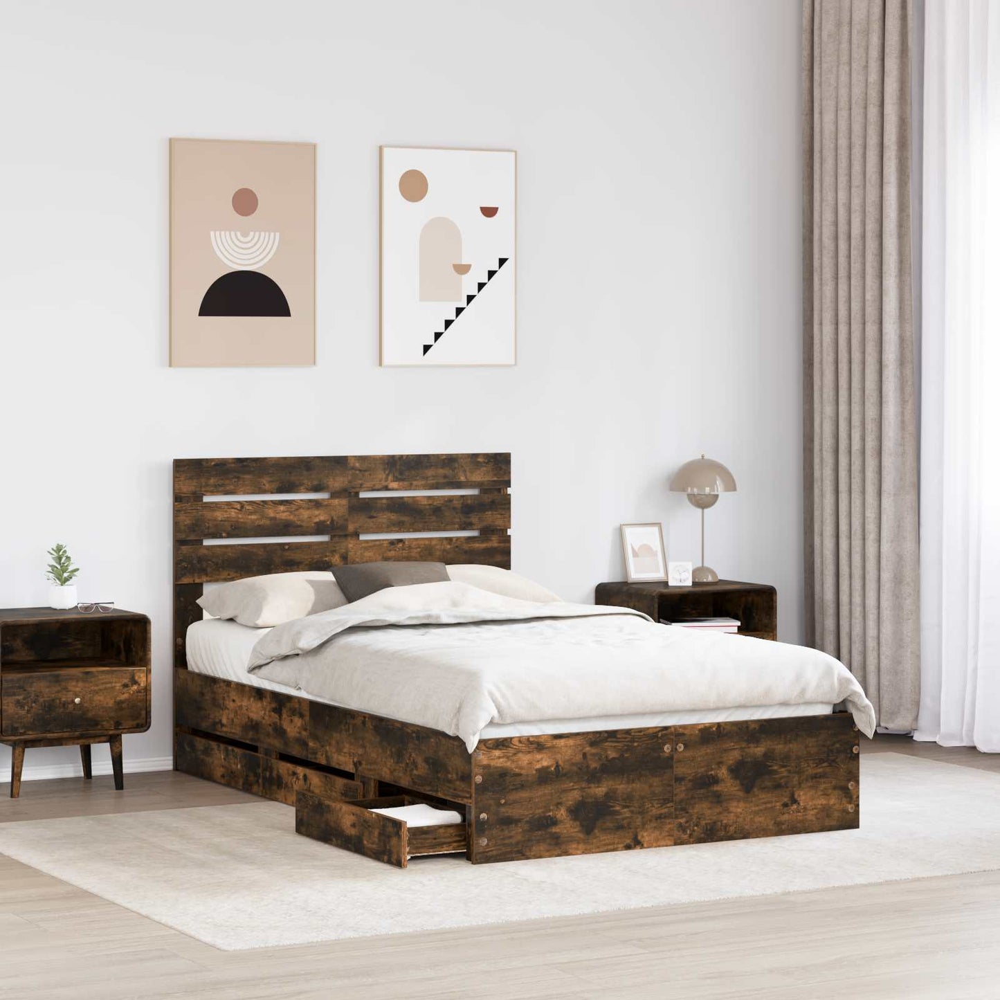vidaXL Bed Frame with Drawer Smoked Oak 120 x 190 cm Engineer Wood