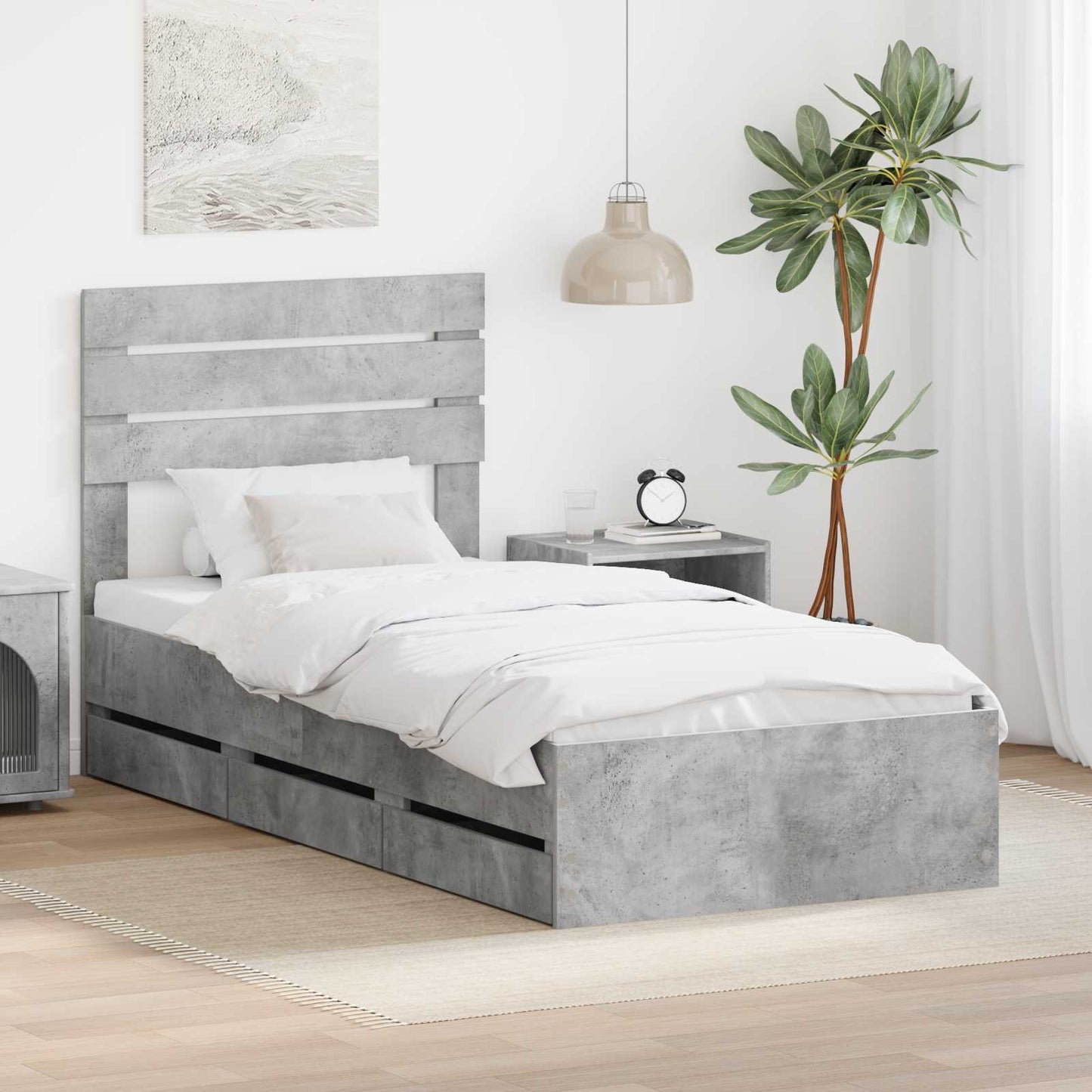 vidaXL Bed Frame with Drawer Concrete Grey 90 x 190 cm Engineer Wood