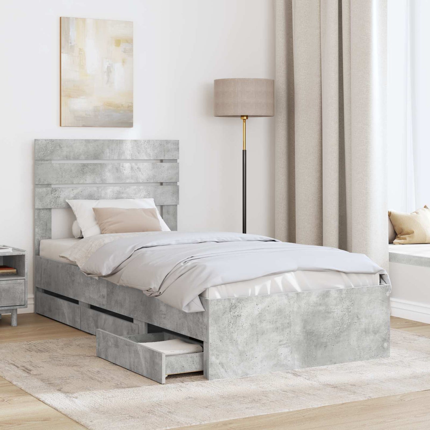 vidaXL Bed Frame with Drawer Concrete Grey 90 x 190 cm Engineer Wood