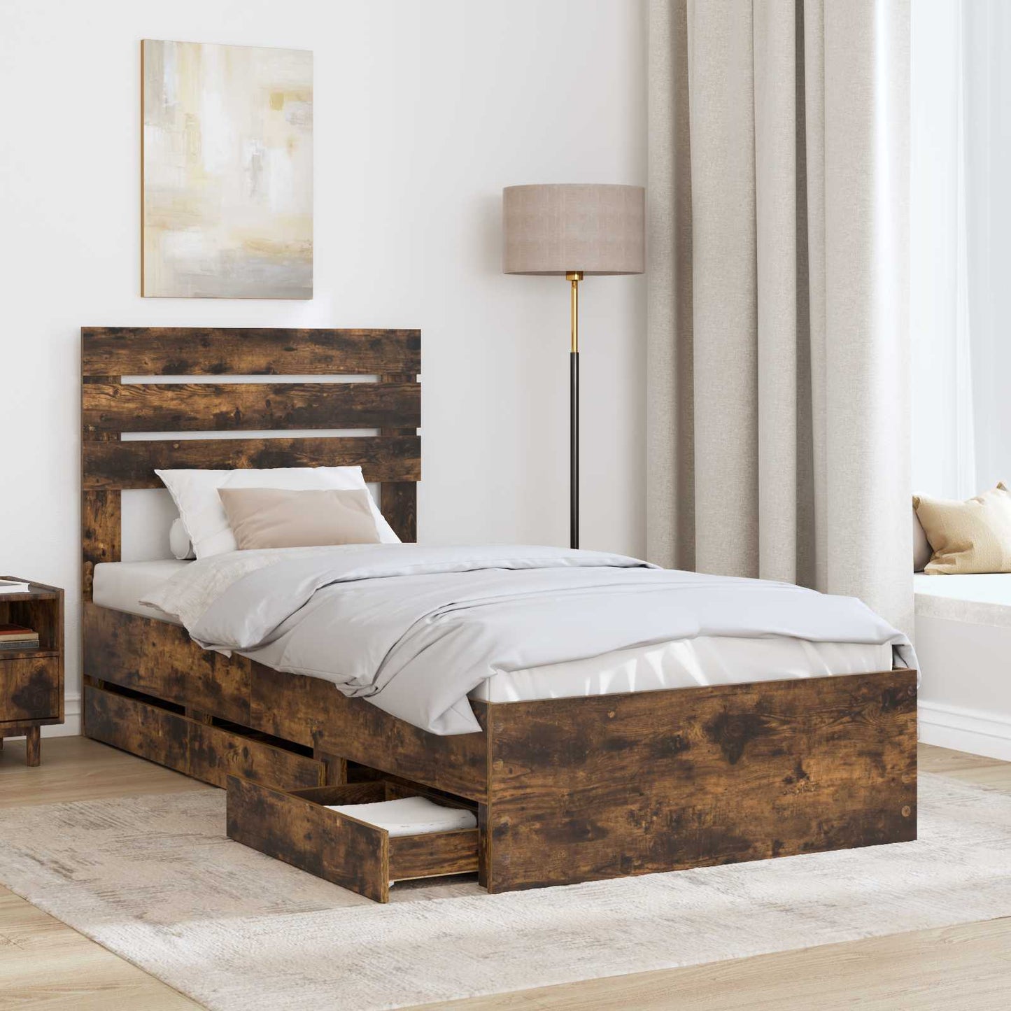 vidaXL Bed Frame with Drawer Smoked Oak 90 x 190 cm Engineer Wood