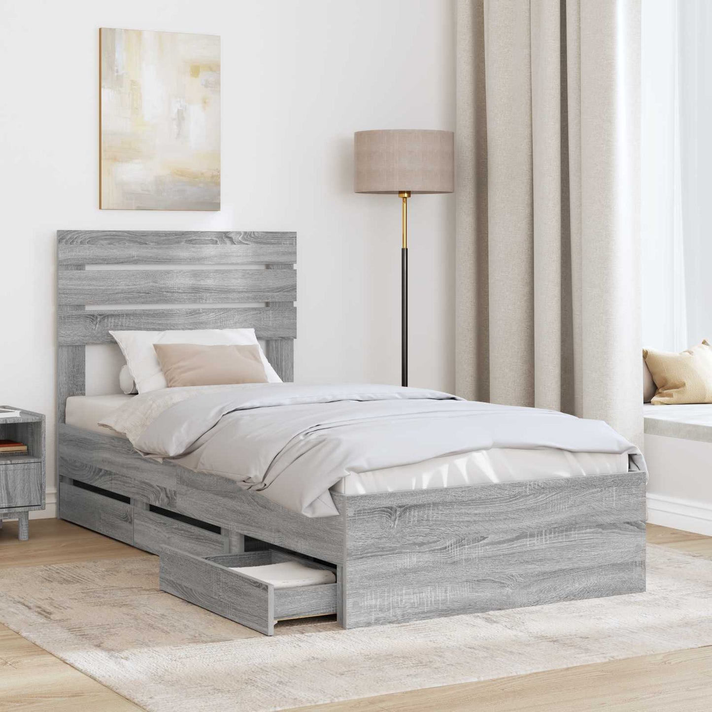 vidaXL Bed Frame with Drawer Grey Sonoma 75 x 190 cm Engineer Wood