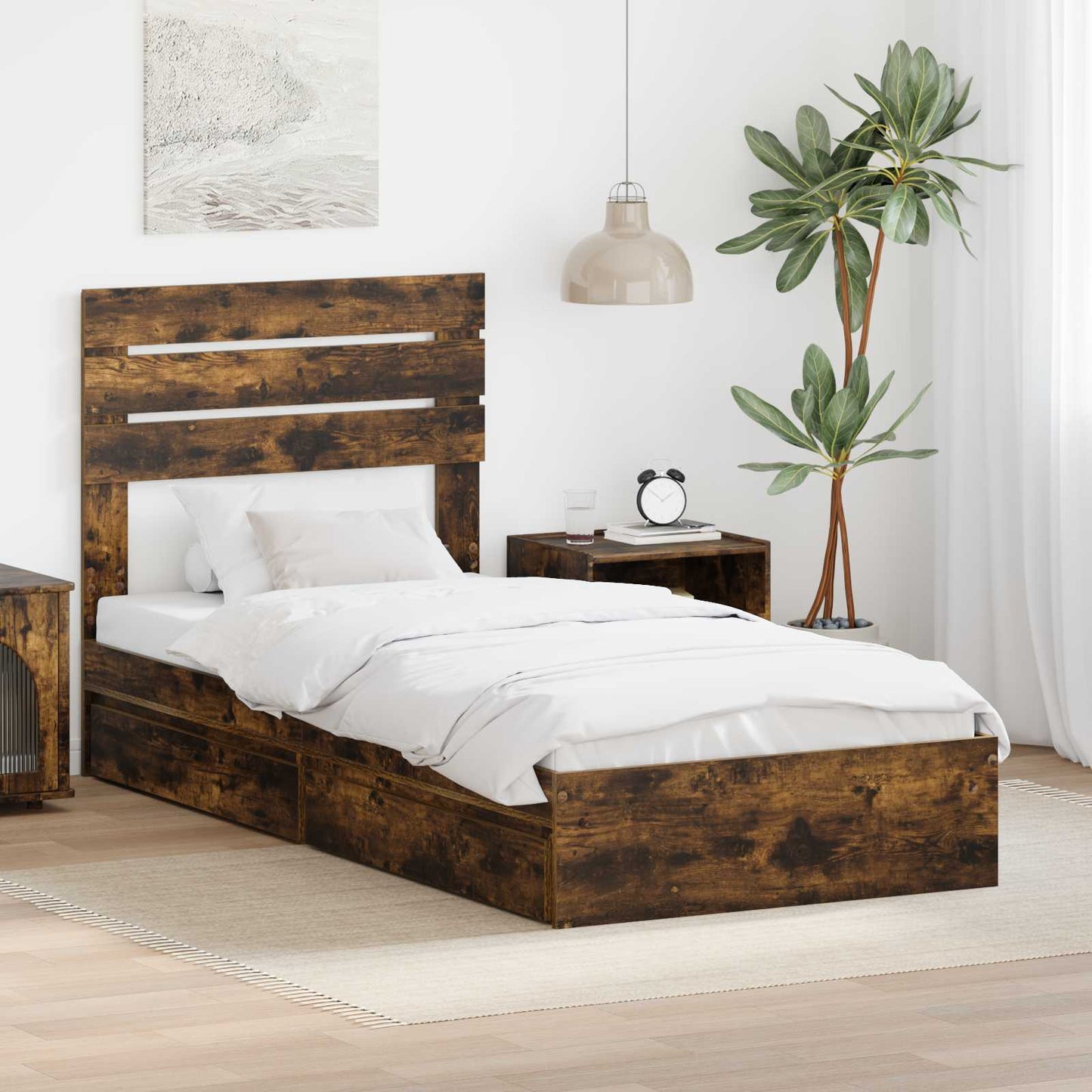 vidaXL Storage Bed with Drawer Smoked Oak 100 x 200 cm Engineered Wood