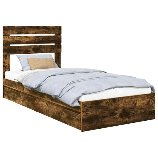 vidaXL Storage Bed with Drawer Smoked Oak 100 x 200 cm Engineered Wood