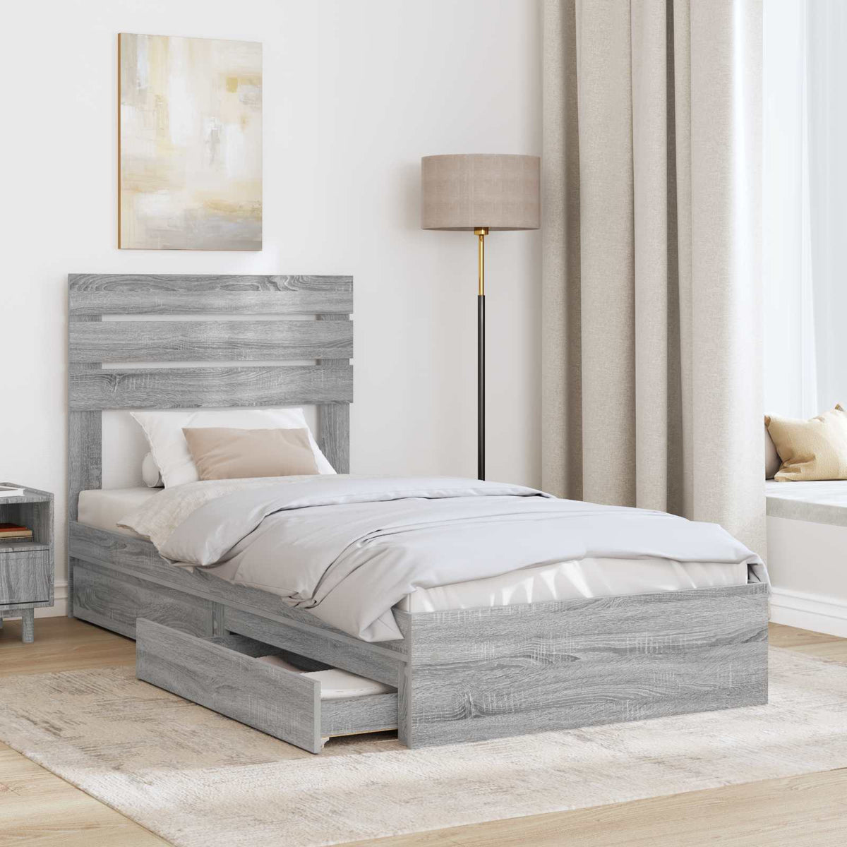 vidaXL Storage Bed with Drawer Grey Sonoma 90 x 200 cm Engineered Wood