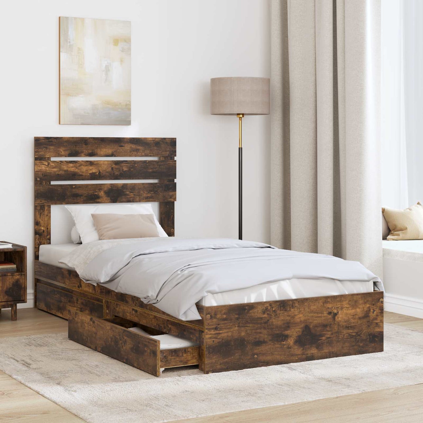 vidaXL Storage Bed with Drawer Smoked Oak 90 x 190 cm Engineered Wood