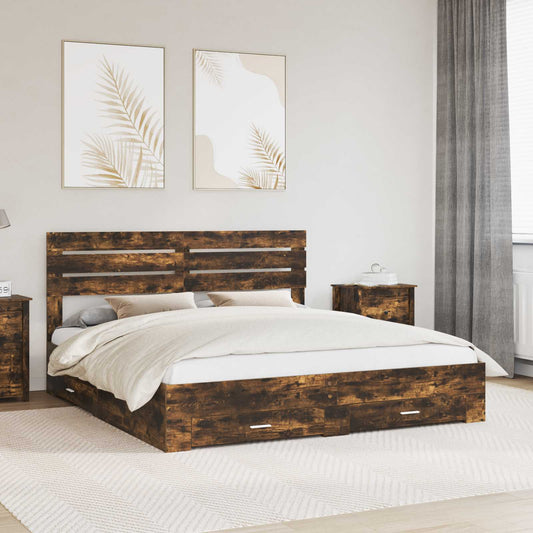 vidaXL Bed Frame with Drawer Smoked Oak 200 x 200 cm Engineered Wood