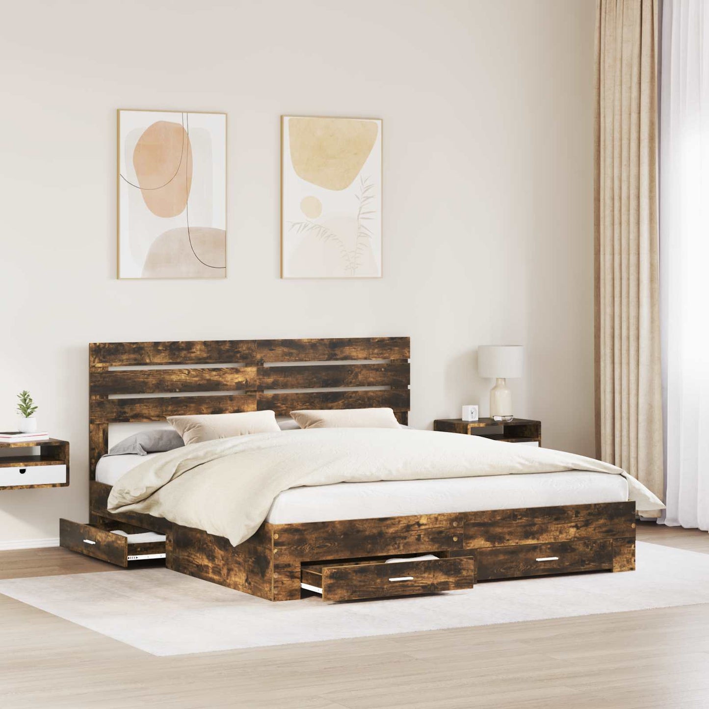 vidaXL Bed Frame with Drawer Smoked Oak 200 x 200 cm Engineered Wood