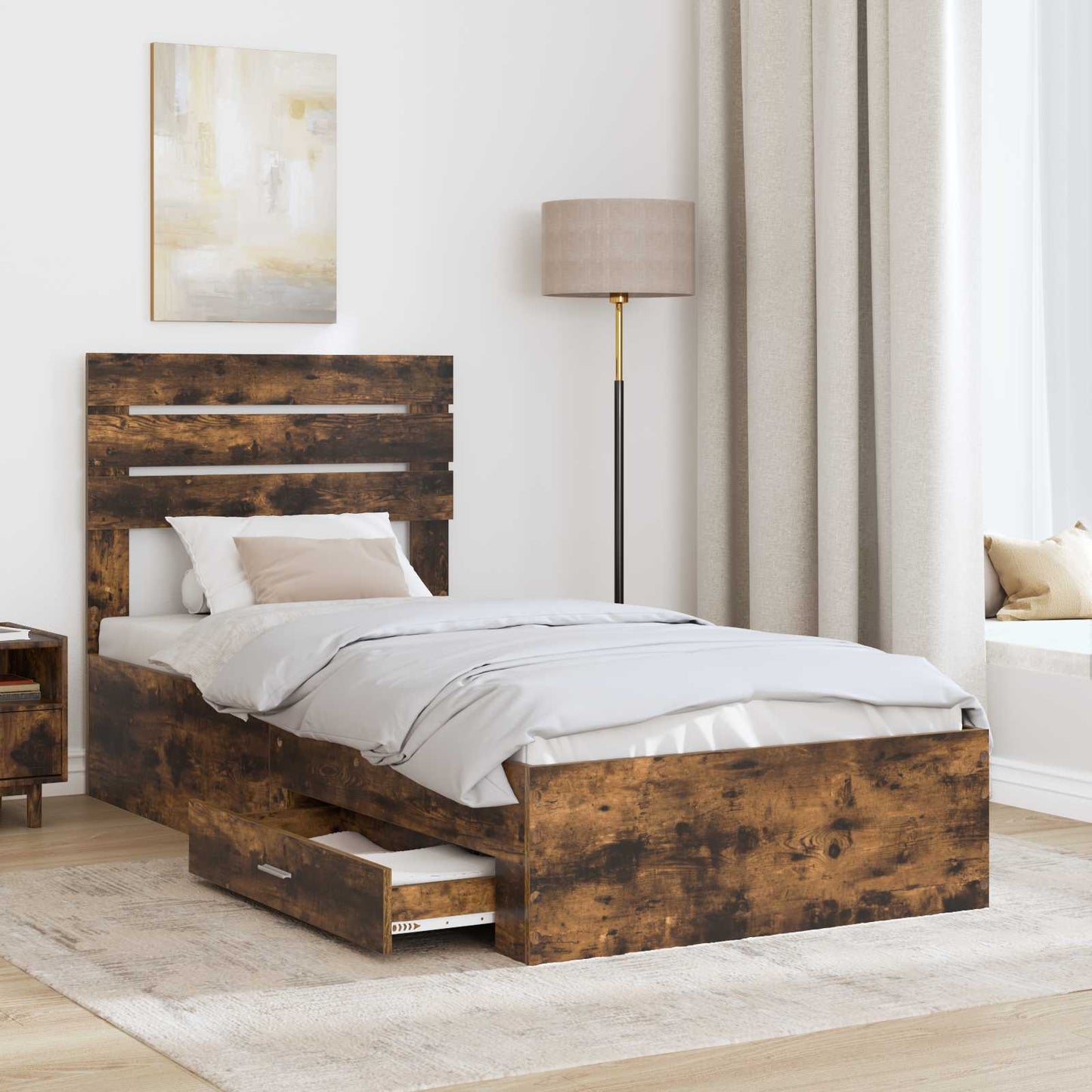 vidaXL Bed Frame with Drawer Smoked Oak 100 x 200 cm Engineered Wood