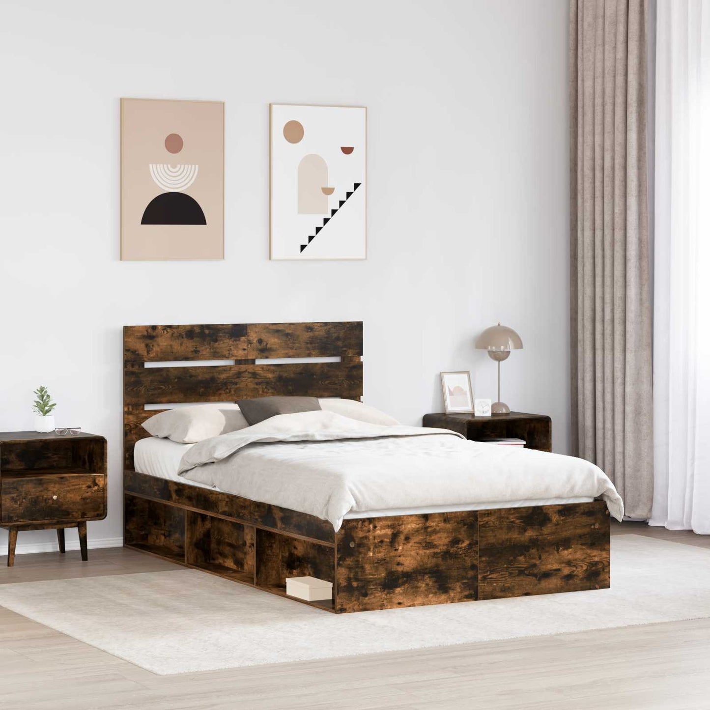 vidaXL Bed Frame Smoked Oak 135 x 190 cm Solid Pine Wood