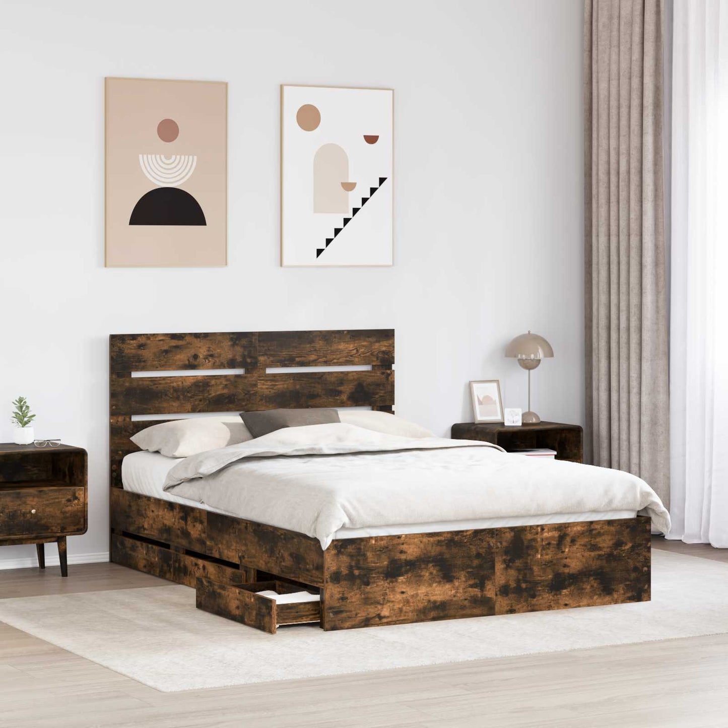 vidaXL Bed Frame with Drawer Smoked Oak 160 x 200 cm Engineer Wood