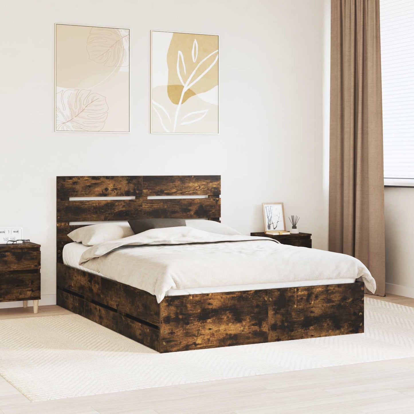 vidaXL Bed Frame with Drawer Smoked Oak 150 x 200 cm Engineer Wood