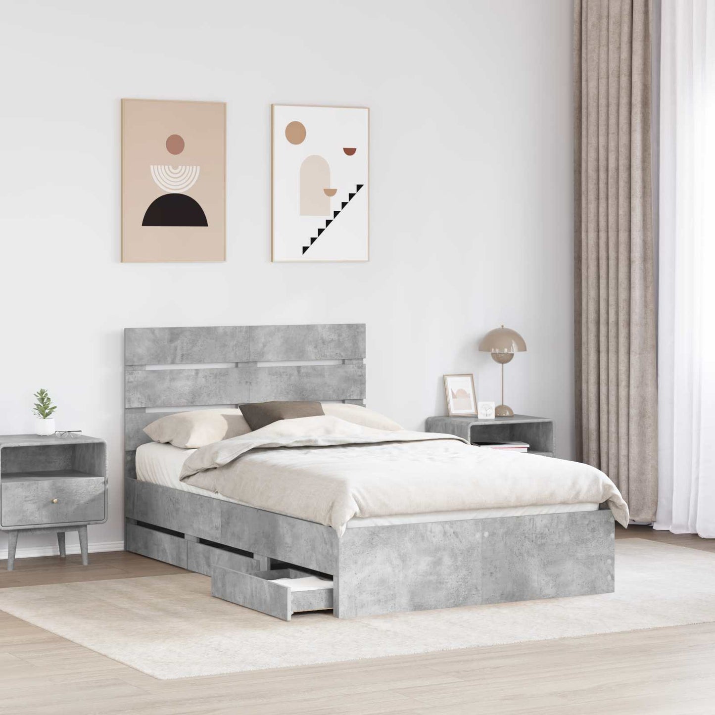 vidaXL Bed Frame with Drawer Concrete Grey 135 x 190 cm Engineer Wood