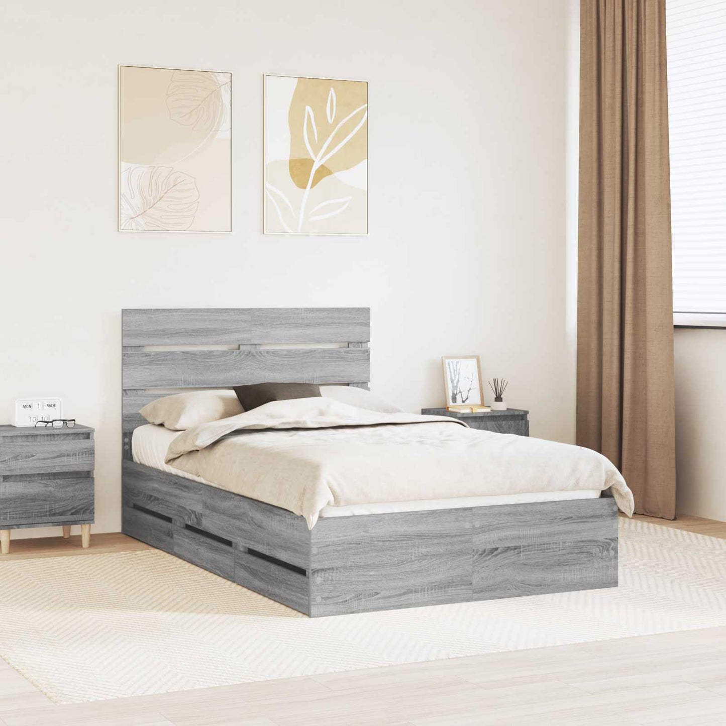 vidaXL Bed Frame with Drawer Grey Sonoma 120 x 190 cm Engineer Wood