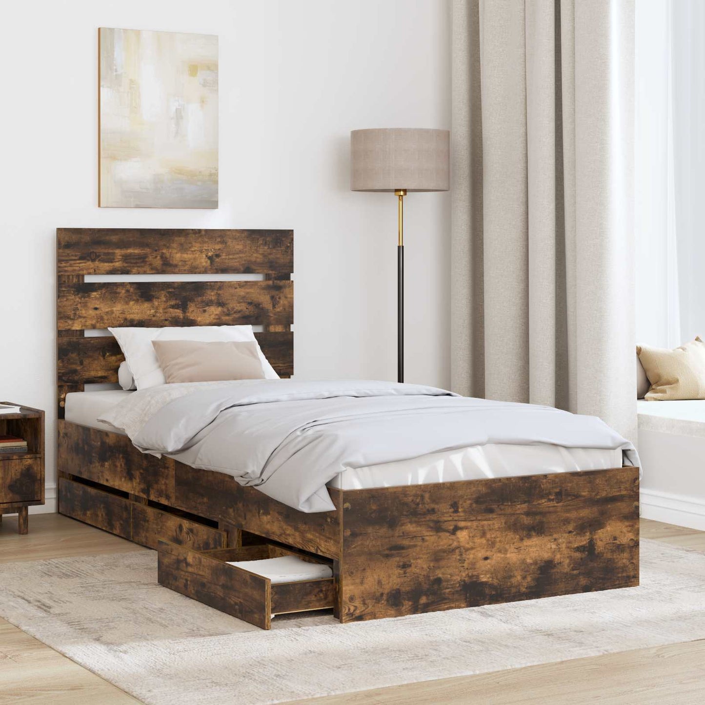 vidaXL Bed Frame with Drawer Smoked Oak 90 x 200 cm Engineer Wood
