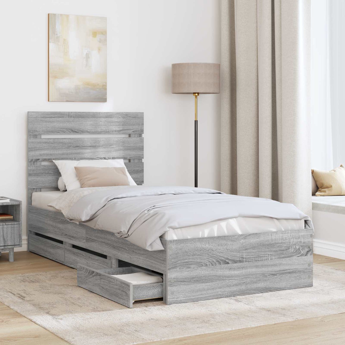 vidaXL Bed Frame with Drawer Grey Sonoma 90 x 200 cm Engineer Wood