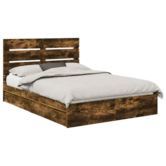 vidaXL Storage Bed with Drawer Smoked Oak 160 x 200 cm Engineered Wood