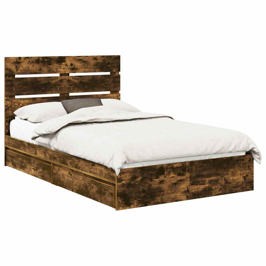 vidaXL Storage Bed with Drawer Smoked Oak 135 x 190 cm Engineered Wood