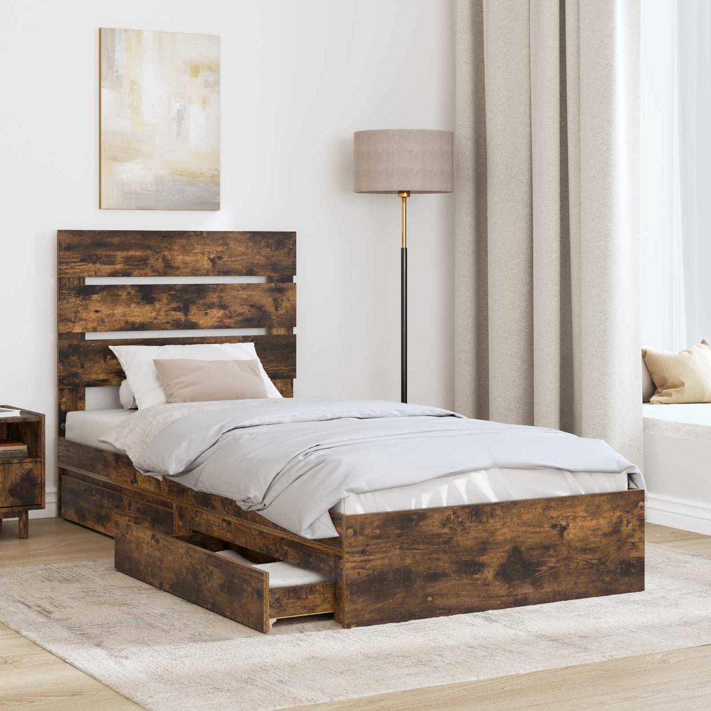 vidaXL Storage Bed with Drawer Smoked Oak 100 x 200 cm Engineered Wood