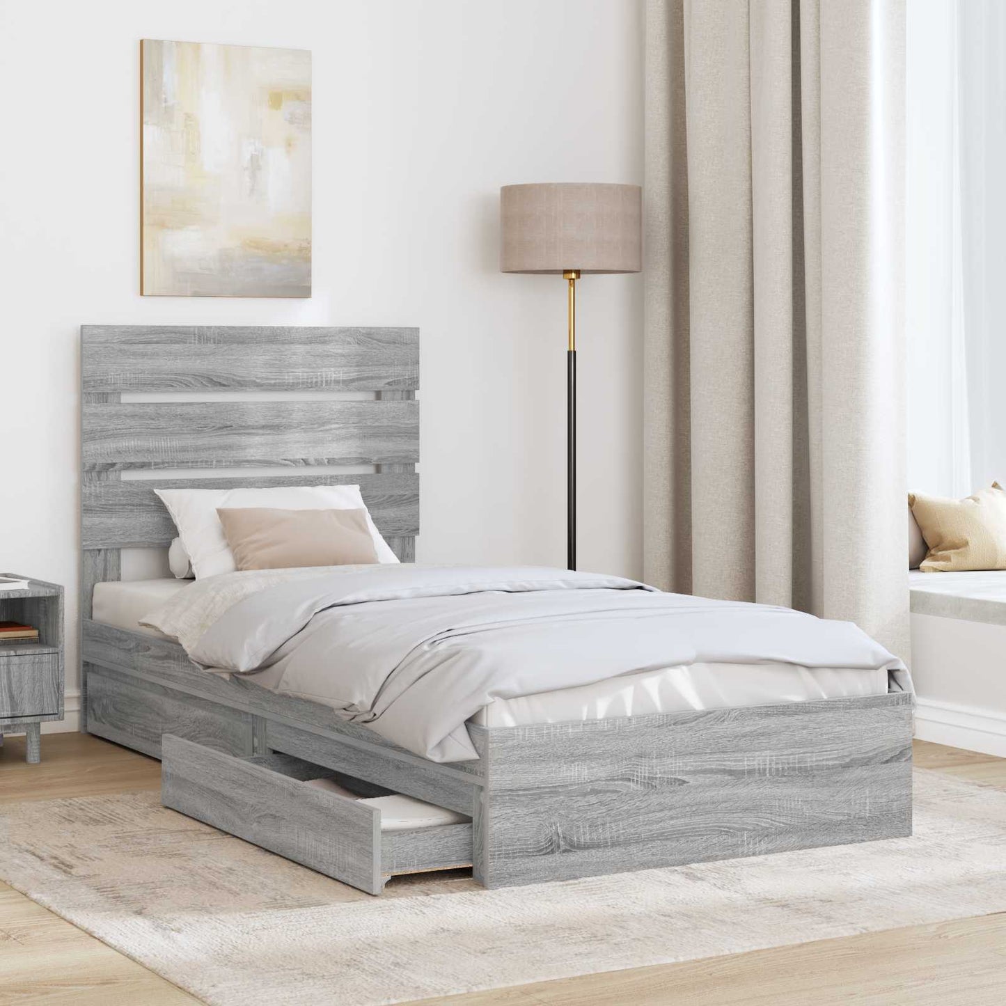 vidaXL Storage Bed with Drawer Grey Sonoma 90 x 190 cm Engineered Wood