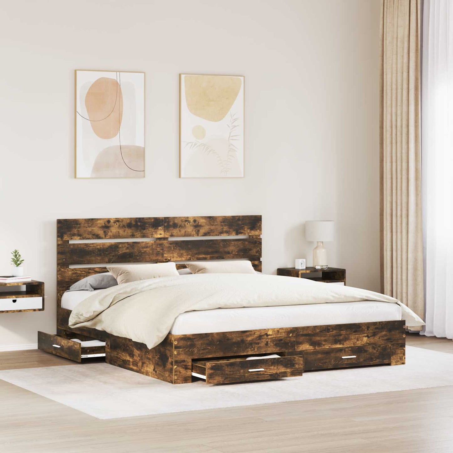 vidaXL Bed Frame with Drawer Smoked Oak 200 x 200 cm Engineered Wood