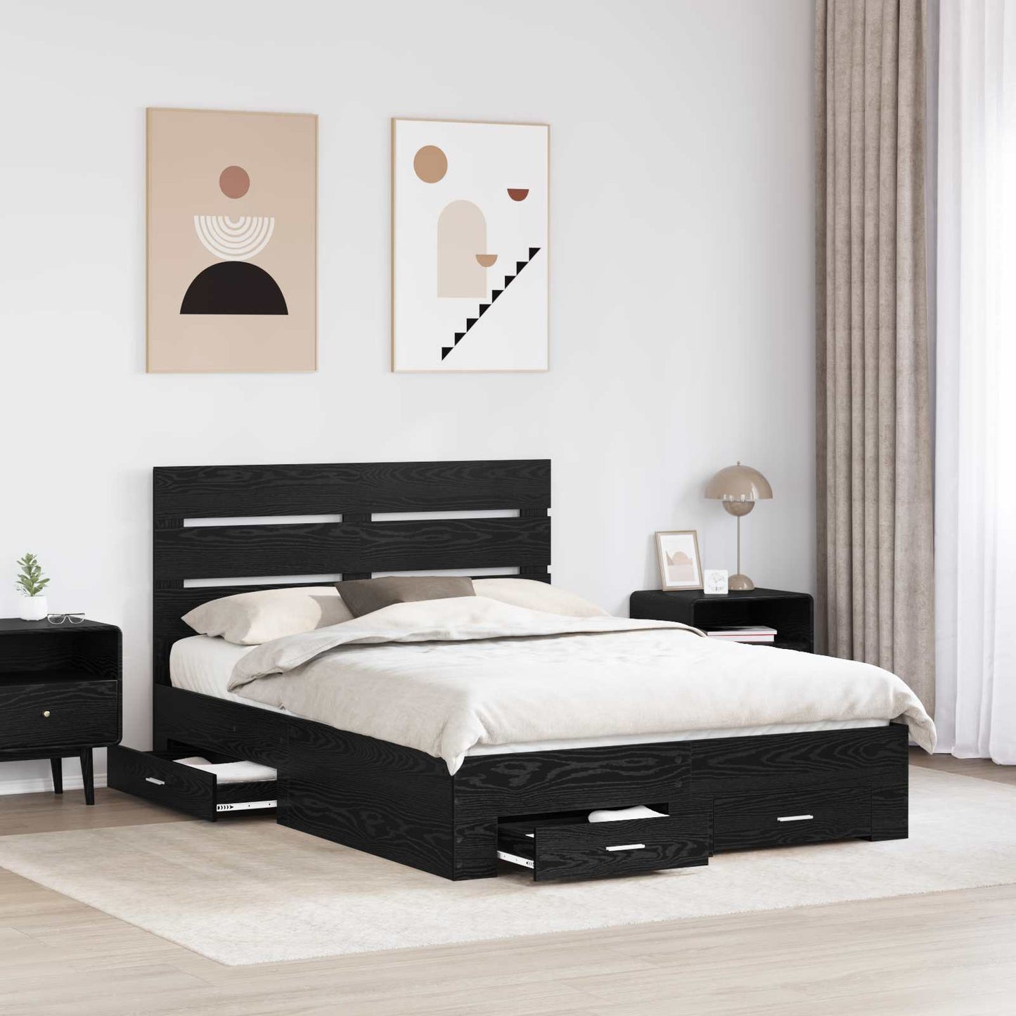 vidaXL Bed Frame with Drawer Black Oak 160 x 200 cm Engineered Wood