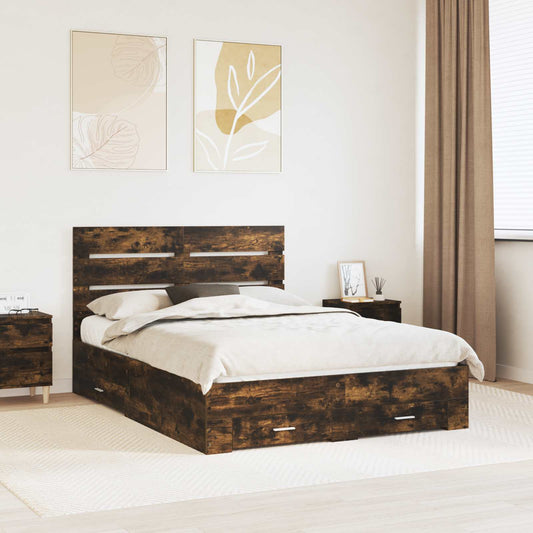 vidaXL Bed Frame with Drawer Smoked Oak 140 x 190 cm Engineered Wood