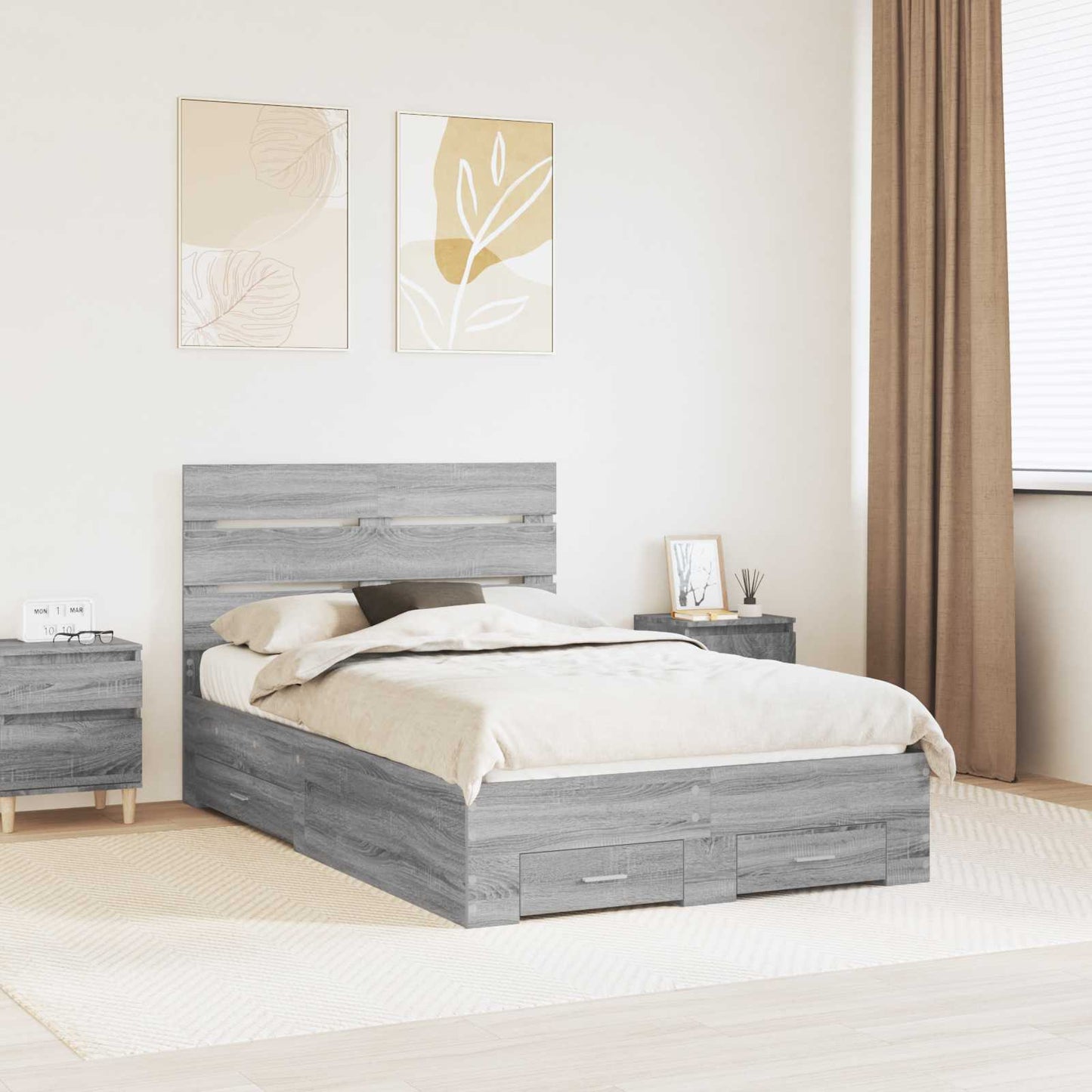 vidaXL Bed Frame with Drawer Grey Sonoma 135 x 190 cm Engineered Wood