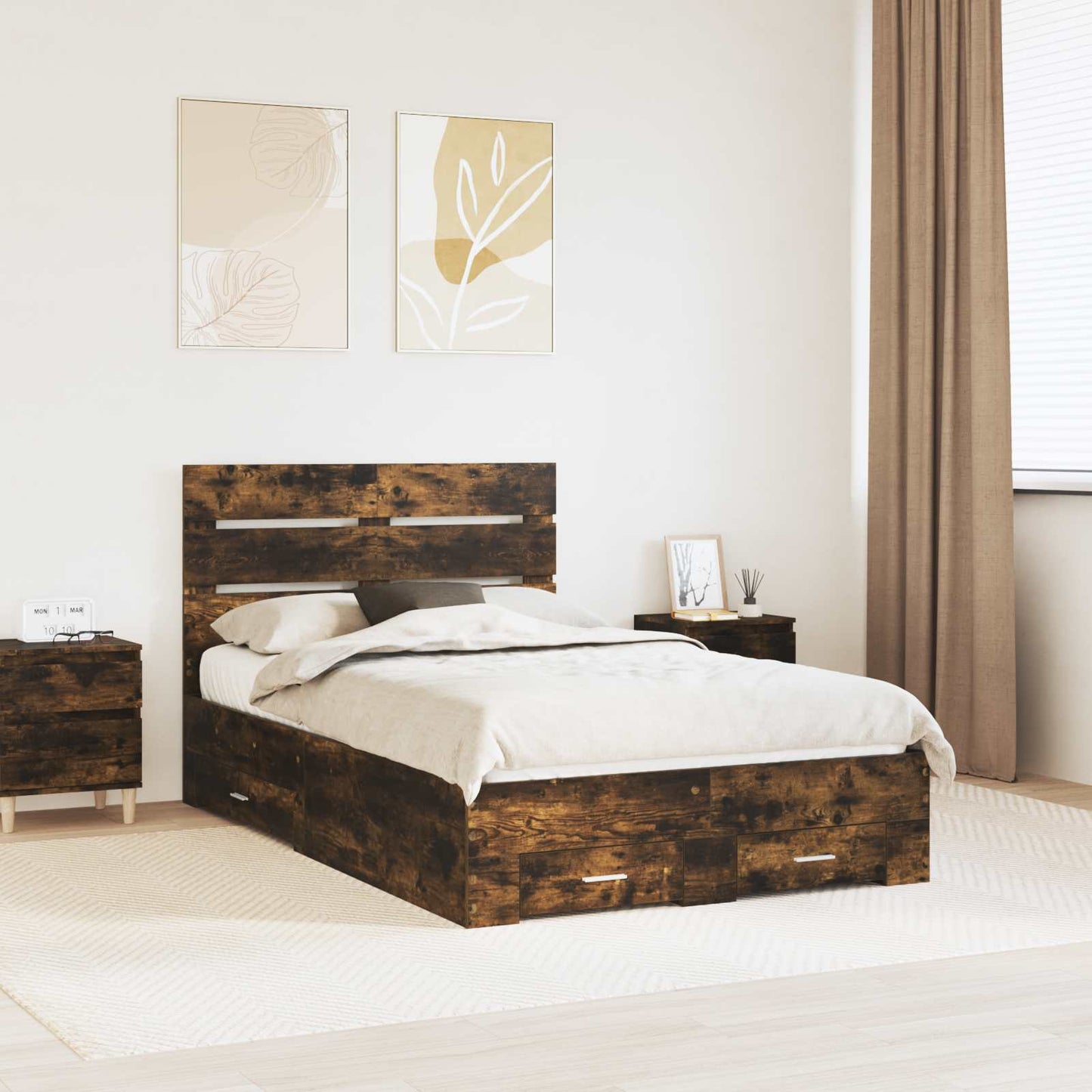 vidaXL Bed Frame with Drawer Smoked Oak 120 x 200 cm Engineered Wood