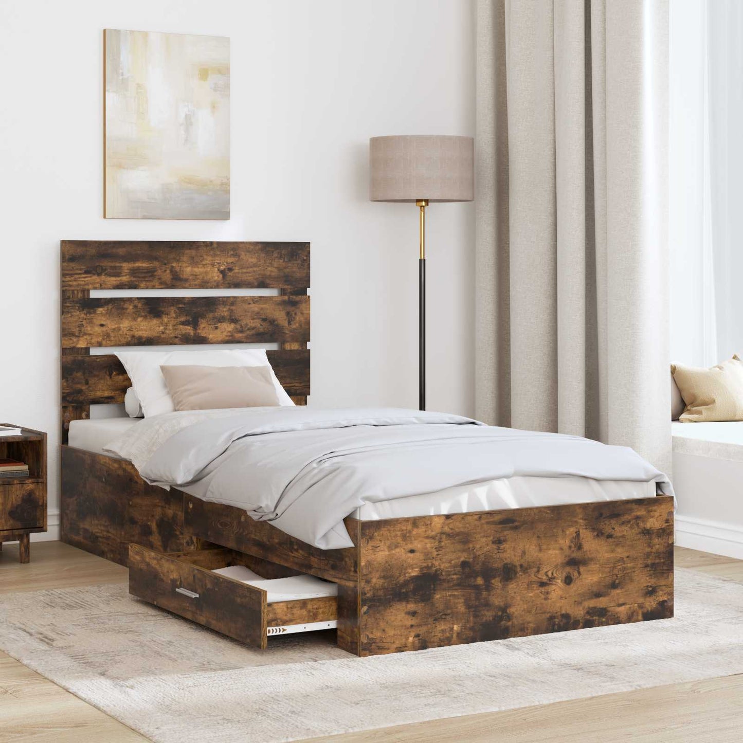 vidaXL Bed Frame with Drawer Smoked Oak 90 x 200 cm Engineered Wood