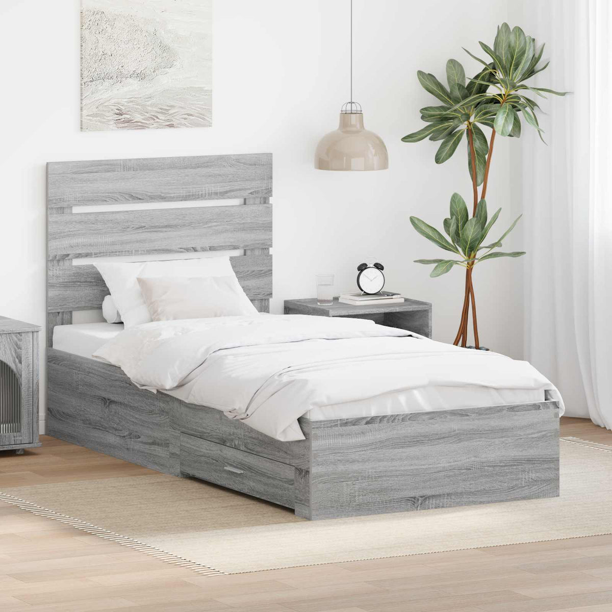 vidaXL Bed Frame with Drawer Grey Sonoma 90 x 200 cm Engineered Wood