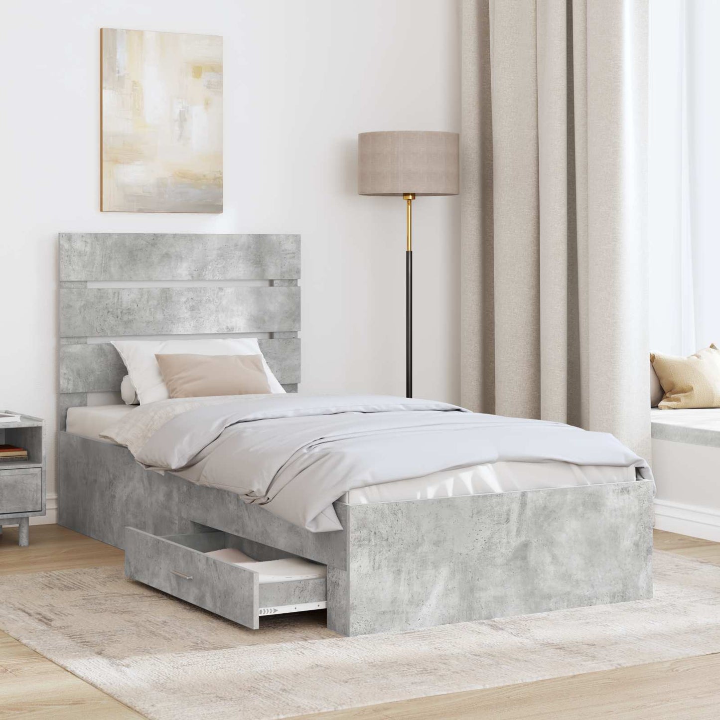 vidaXL Bed Frame with Drawer Concrete Grey 90 x 190 cm Engineered Wood