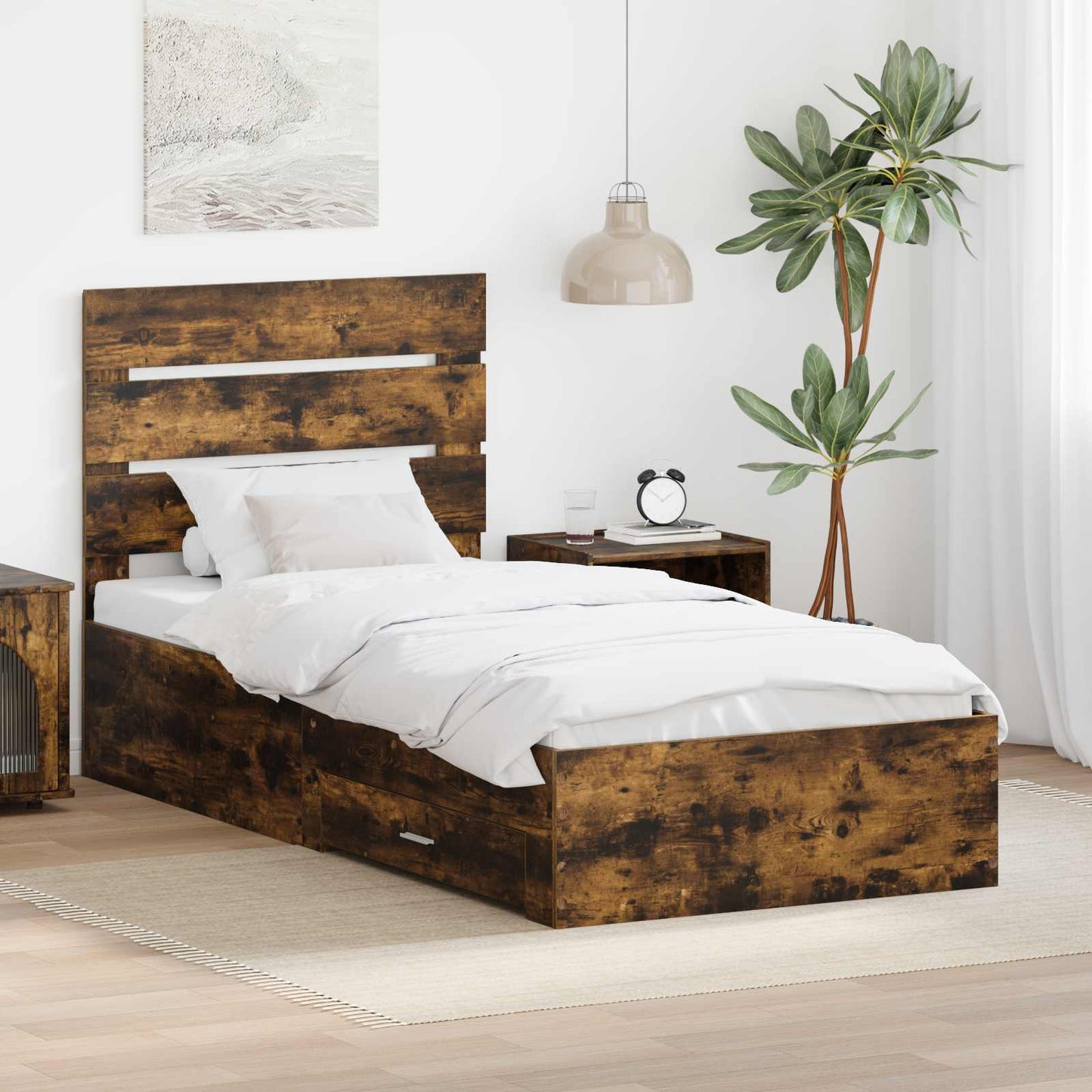 vidaXL Bed Frame with Drawer Smoked Oak 90 x 190 cm Engineered Wood